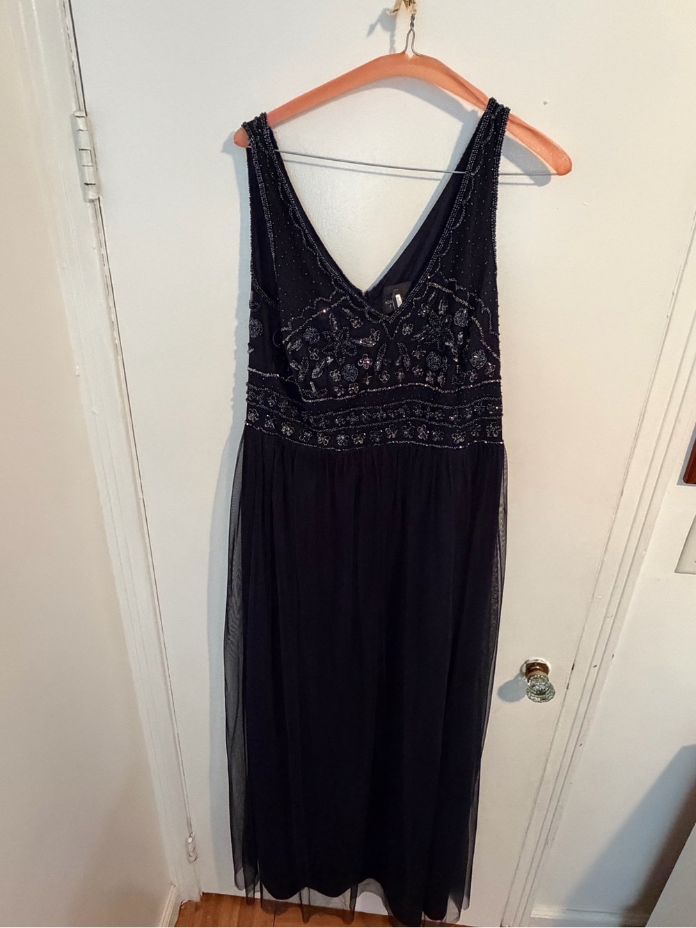 Adrianna Papell Navy Beaded V-Neck Evening Gown